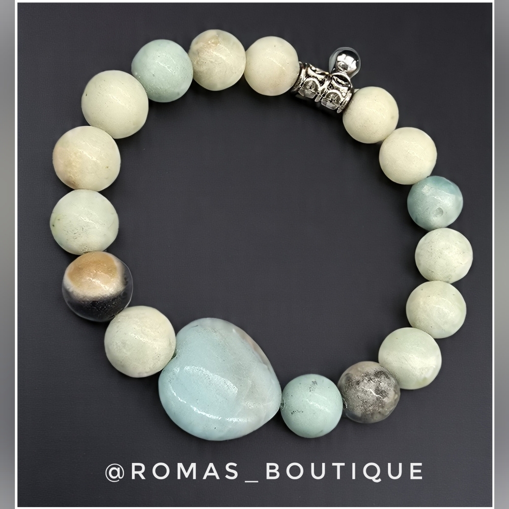 Amazonite Stretch Bracelet With Aquamarine Accent Heart Stone